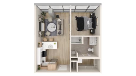 a stylized floor plan with a bedroom and a living room  at One Foundry Way, St. Louis, MO, 63110