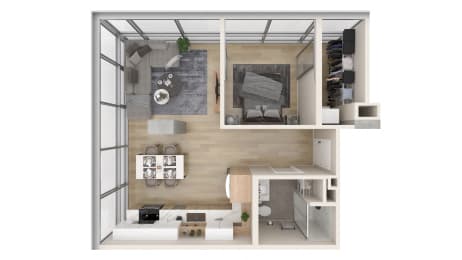 a stylized floor plan of a 1 bedroom apartment  at One Foundry Way, St. Louis, MO