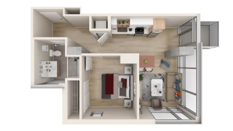 a stylized floor plan of a 1 bedroom apartment  at One Foundry Way, St. Louis, Missouri