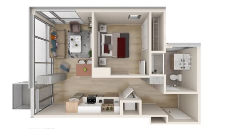 a bedroom floor plan with a living room and a dining room  at One Foundry Way, St. Louis, 63110