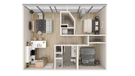 a stylized floor plan of a 1 bedroom apartment with a wheelchair  at One Foundry Way, St. Louis, 63110