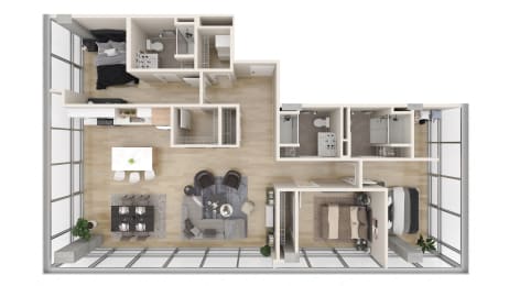 a 3d floor plan of a modern apartment  at One Foundry Way, St. Louis, MO, 63110