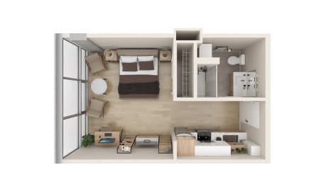 a bedroom floor plan with a bedroom and a living room  at One Foundry Way, St. Louis, MO