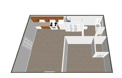 A floor plan of a house with a kitchen, living room, and two bedrooms.