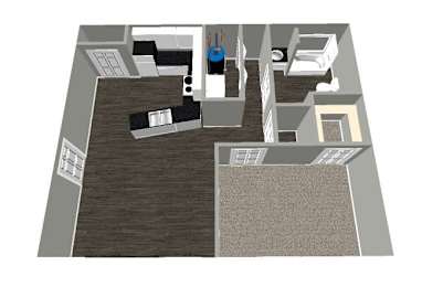 A 3D rendered image of a house layout.
