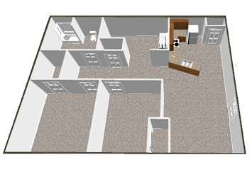 A 3D image of a house layout with rooms and furniture.
