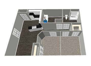 A 3D floor plan of a house with a kitchen, living room, and bathroom.