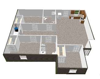A 3D rendered image of a house layout.