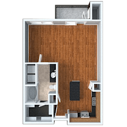 A 3D floor plan of a small apartment with a kitchen, living room, and bathroom.