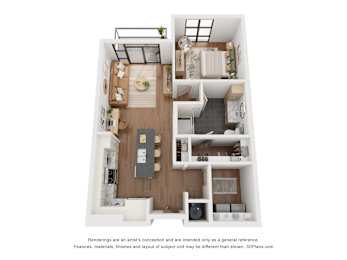 A 3D floor plan of a small apartment with a kitchen, living room, and bathroom.