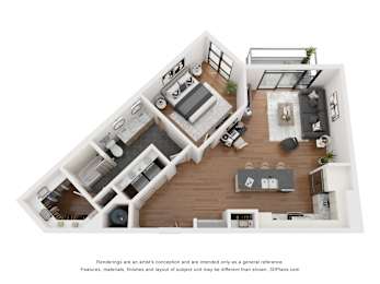 A 3D floor plan of a small apartment with a kitchen, living room, and bedroom.