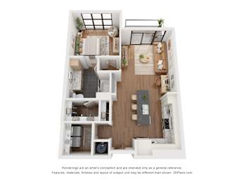 A 3D floor plan of a small apartment with a kitchen, living room, and bathroom.
