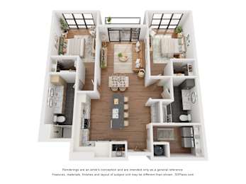 A 3D floor plan of a house with a kitchen, living room, and two bedrooms.