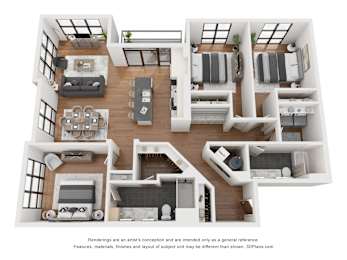 A 3D floor plan of a house with multiple rooms and furniture.
