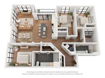 A 3D floor plan of a house with multiple rooms and furniture.