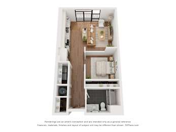 A 3D floor plan of a small apartment with a kitchen, living room, and bathroom.
