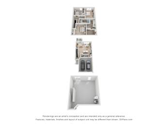 Three images of a room layout with a kitchen and bathroom.
