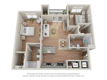 A 3D floor plan of a house with labeled rooms.