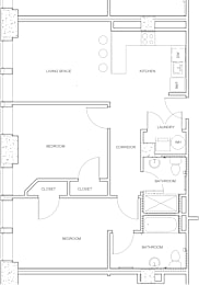 A floor plan of a house with a living space, kitchen, laundry, and multiple bedrooms and bathrooms.