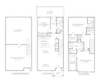 A floor plan of a two-story house with a garage and basement.