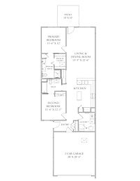 A floor plan of a house with a living and dining room, two bedrooms, a bathroom, a kitchen, a laundry room, and a 2 car garage.