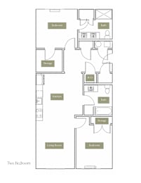 A floor plan of a two bedroom apartment with a living room, kitchen, bath, and storage.