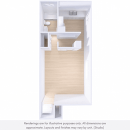 A rendering of a white, open-plan interior with wooden flooring and white walls.