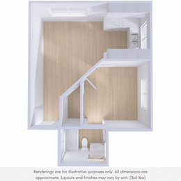 A white architectural rendering of a staircase and a bathroom.