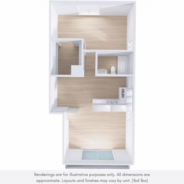 A drawing of a house with a kitchen and living room.