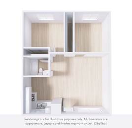 A rendering of a modern, minimalist bathroom with a toilet, sink, and shelving.