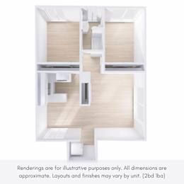 A 3D floor plan of a house with a kitchen, living room, and bathroom.