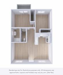 A white and wood floor plan of a house with a kitchen, living room, and two bedrooms.