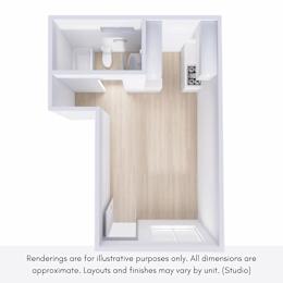 A rendering of a small, modern bathroom with a toilet, sink, and cabinetry.