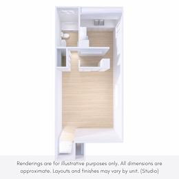 A rendering of a studio apartment with a kitchen, living room, and bathroom.