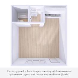 A rendering of a studio apartment with a kitchen area and a bathroom.