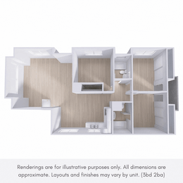 A 3d rendering of a house layout with a kitchen, living room, and bedrooms.