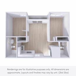 A 3D rendering of a modern, minimalist apartment layout.