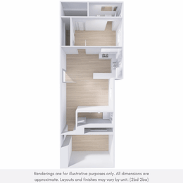 A 3D rendering of a modern apartment layout.