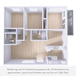 A 3D rendering of a small, modern bathroom with a toilet, sink, and mirror.