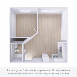 A rendering of a small, modern kitchen with a staircase.