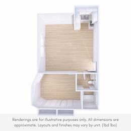 A white architectural floor plan of a small apartment.