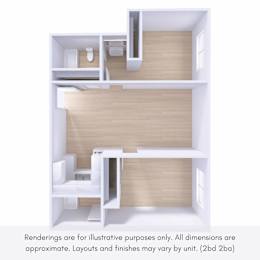 A 3D rendering of a modern apartment layout with a kitchen, living room, and bedroom.