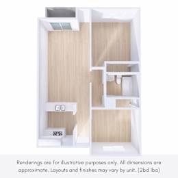A 3D rendering of a small apartment layout with a kitchen, living room, and bathroom.