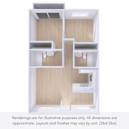 A 3D rendering of a small, modern apartment with two bedrooms and a kitchen.