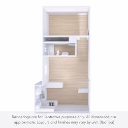 A 3D rendering of a modern apartment layout with a kitchen, living room, and bathroom.