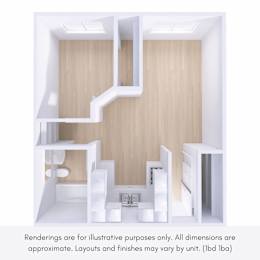 A white, wooden, open-concept apartment with a kitchen, bathroom, and living room.