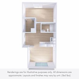 A rendering of a house layout with a kitchen, living room, and bathroom.