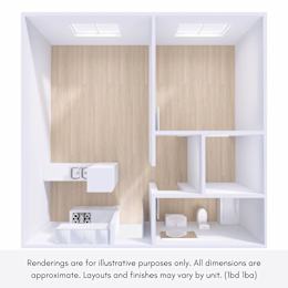 A white bathroom with a toilet, sink, and shelves.