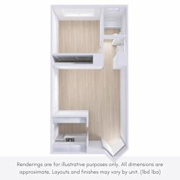 A rendering of a room with a shelving unit and a note that the image is for illustrative purposes only.