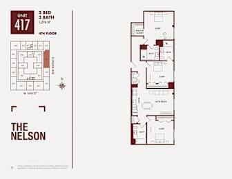 A floor plan for a 3 bedroom, 3 bathroom apartment at The Nelson.